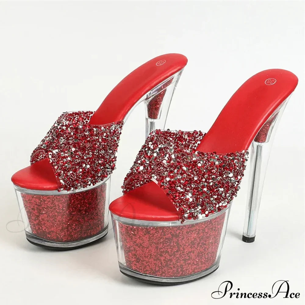 Sexy Peep Toe Party Club Strip Pole Dance Shoes Extreme High Heels 17CM Women Slipper Sequined Transparent Platform Sandal