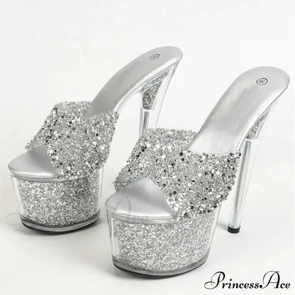 Sexy Peep Toe Party Club Strip Pole Dance Shoes Extreme High Heels 17CM Women Slipper Sequined Transparent Platform Sandal