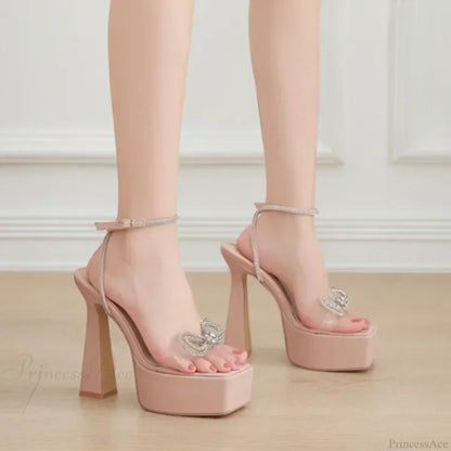 Sexy Peep Toe Platform Square HeadBuckle Strap Rhinestone Butterfly-knot 16CM High Heels Summer Lady High Heel