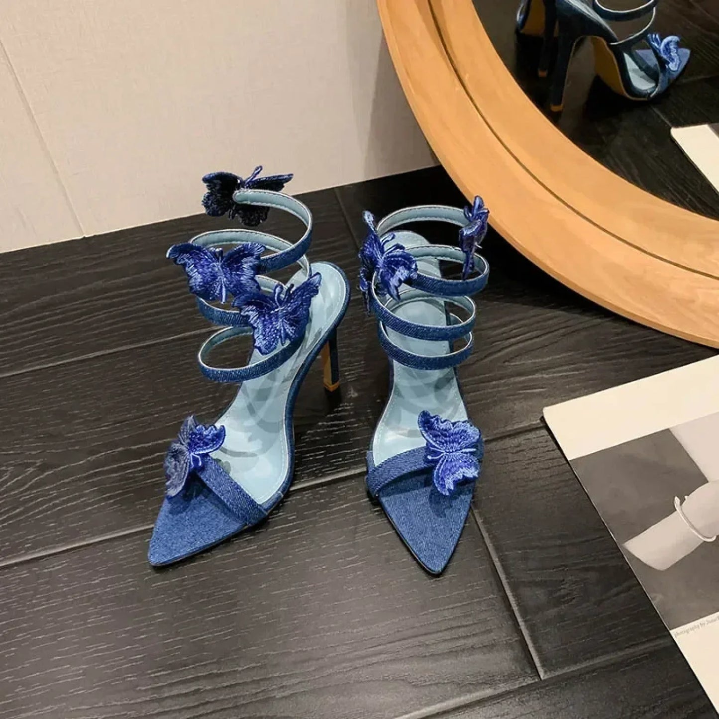 Sexy Peep Toe Pointed Embroidery Butterfly-knot Ankle Strap Wrapped Thin High Heels Party Wedding High Heel