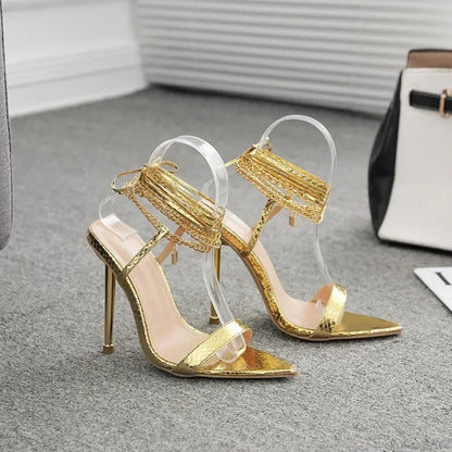 Sexy Peep Toe Pointed Head Stiletto Sandals Chain Ankle Straps Summer Thin High Heels Party High Heel