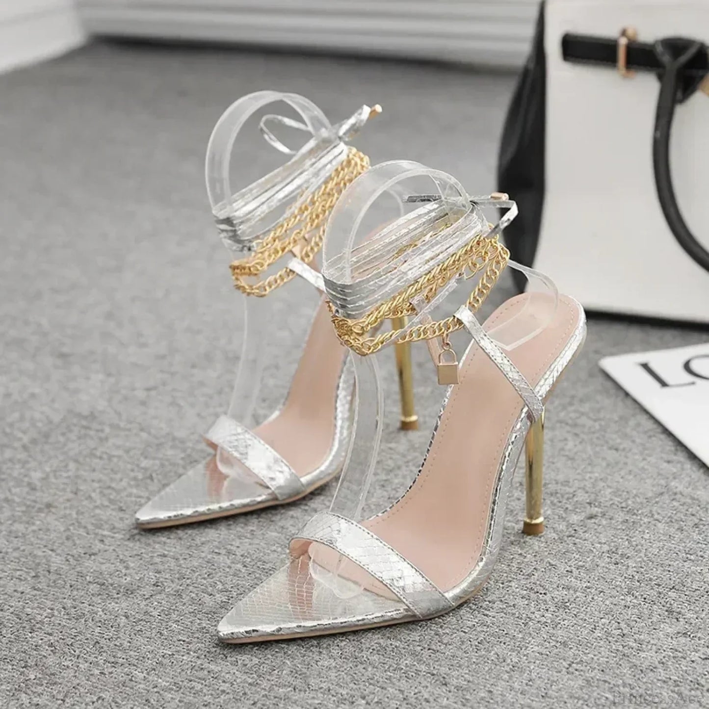 Sexy Peep Toe Pointed Head Stiletto Sandals Chain Ankle Straps Summer Thin High Heels Party High Heel