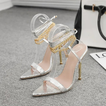 Sexy Peep Toe Pointed Head Stiletto Sandals Chain Ankle Straps Summer Thin High Heels Party High Heel