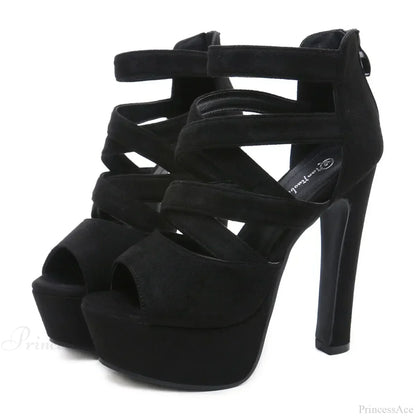 Sexy Peep Toe Suede Cross Band Platform Black/Apricot Ankle Strap Back Zipper Ultra High Heel Party High Heel
