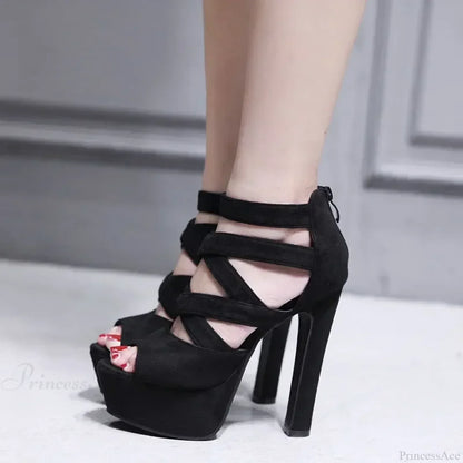Sexy Peep Toe Suede Cross Band Platform Black/Apricot Ankle Strap Back Zipper Ultra High Heel Party High Heel