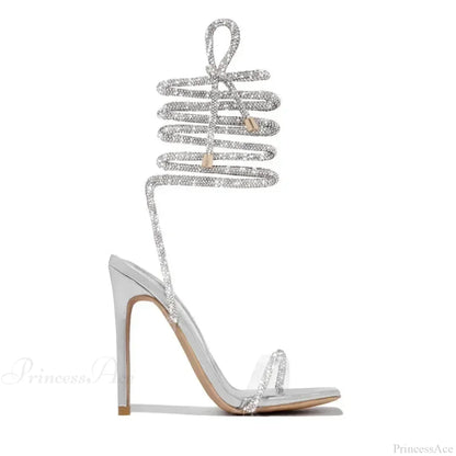 Sexy Peep Toe Women's Stiletto Luxury Square Head Rhinestone Thin Band Strap Comfort Slim High Heel