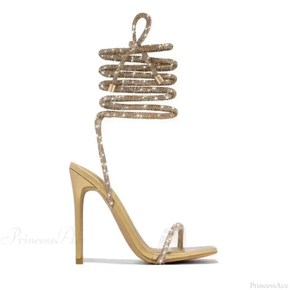 Sexy Peep Toe Women's Stiletto Luxury Square Head Rhinestone Thin Band Strap Comfort Slim High Heel