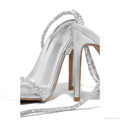 Sexy Peep Toe Women's Stiletto Luxury Square Head Rhinestone Thin Band Strap Comfort Slim High Heel