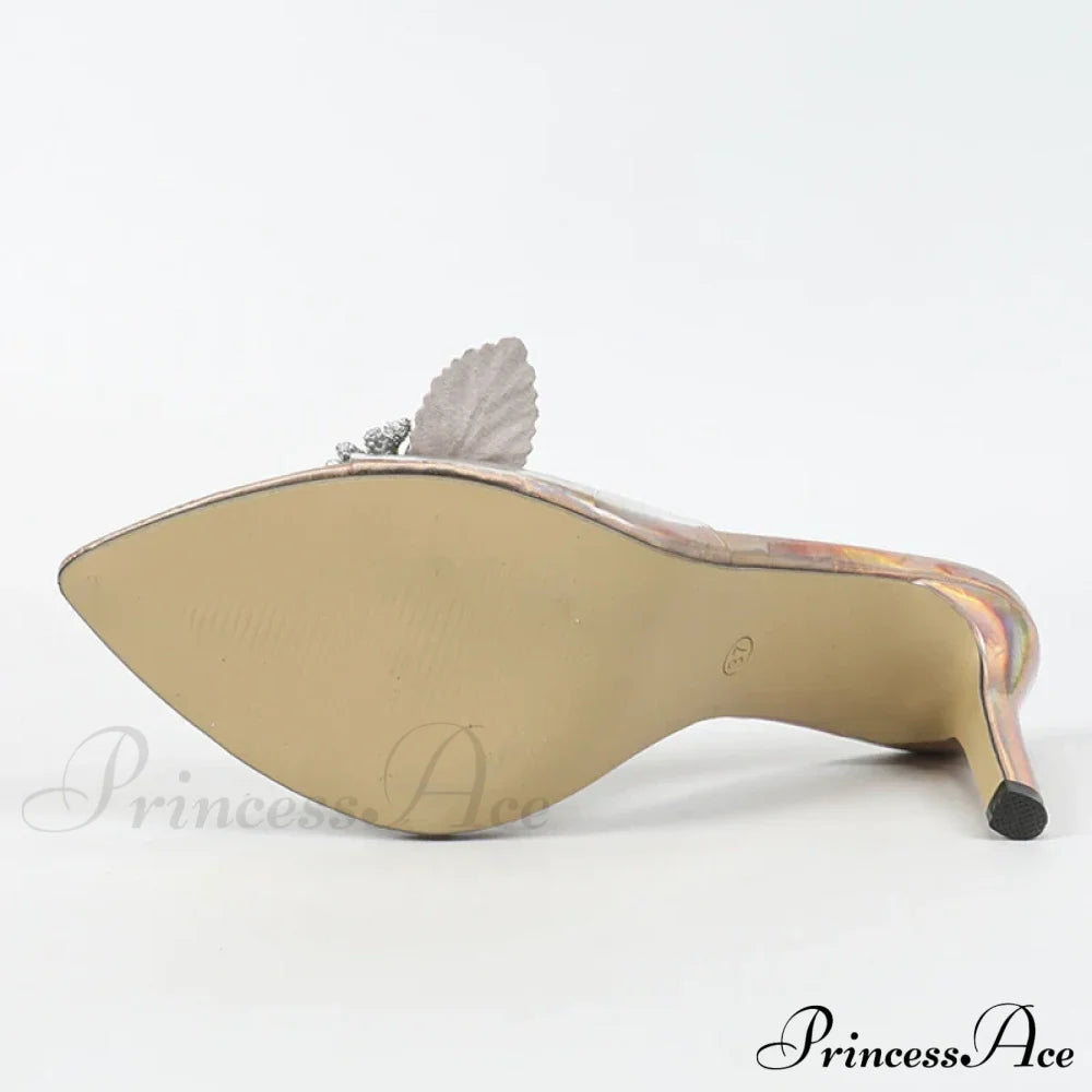 Sexy Pointed Open Toe Thin High Heels Slippers Women Mixed Colors Flowers PVC Transparent Sandals Summer Party Dress Shoes