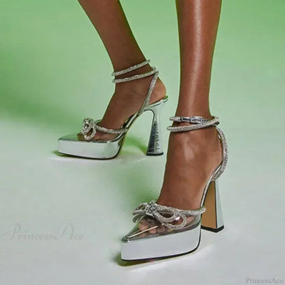 Sexy Pvc Transparent Cover Toe Pointed Platform Rhinestone Butterfly-KnotBuckle Strap 14CM High Heel