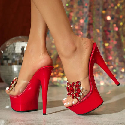 Sexy Red Crystal Gem Open Toe Party Stripper Platform Slippers Sandal Pumps High Heel