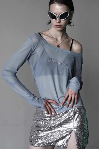Sexy Rhinestone Embellished Off-the-Shoulder Tulle Blouse