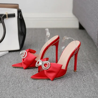 Sexy Silk Pointed Rhinestone Butterfly-knot Thin High Heel Sandals Pvc Band Ankle Buckle Banquet Wedding High Heel