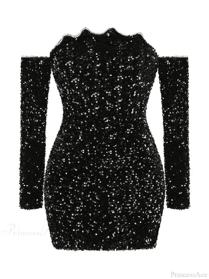 Sexy Slash Neck Long Sleeve Sparkling Sequins Dress Off Shoulder Christmas Party Dress
