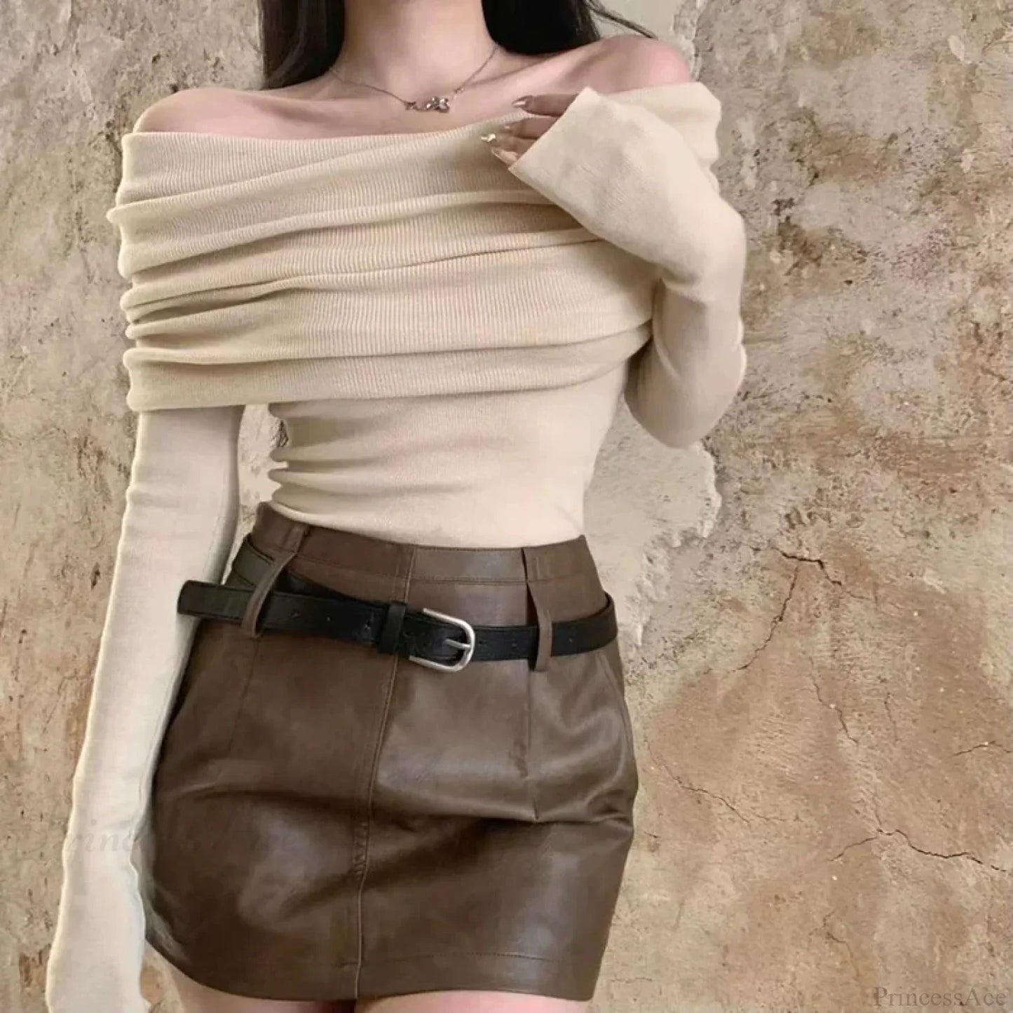 Sexy Slash Neck Pleated Knitted Sweater
