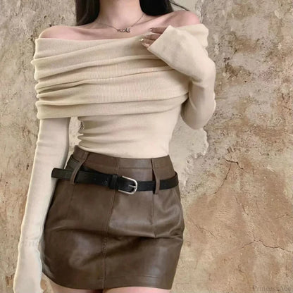 Sexy Slash Neck Pleated Knitted Sweater