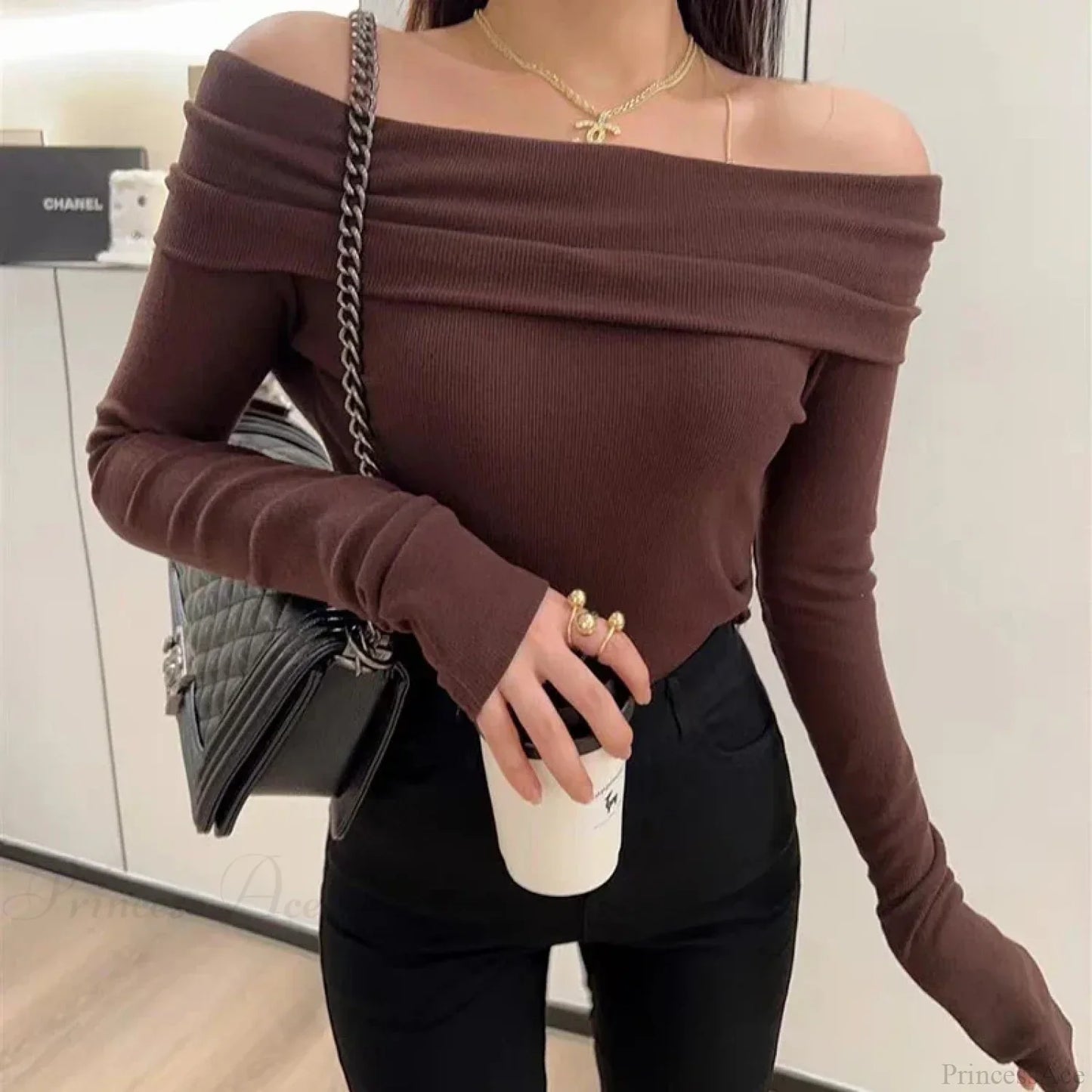 Sexy Slash Neck Pleated Knitted Sweater