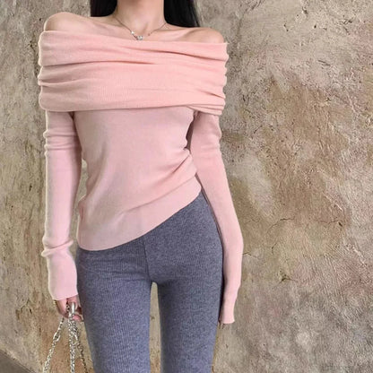 Sexy Slash Neck Pleated Knitted Sweater
