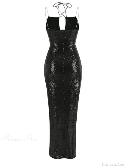 Sexy Sleeveless Cut Out Black Sequins Elegant Backless High Slit Christmas Party Dress