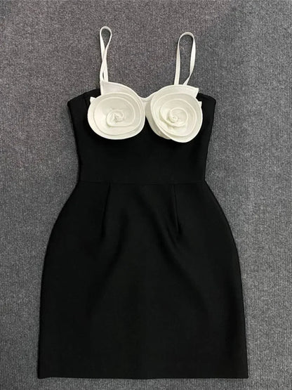 Sexy Spaghetti Strap 3D Flower Bandage Sleeveless Floral A-Line Christmas Party Dress