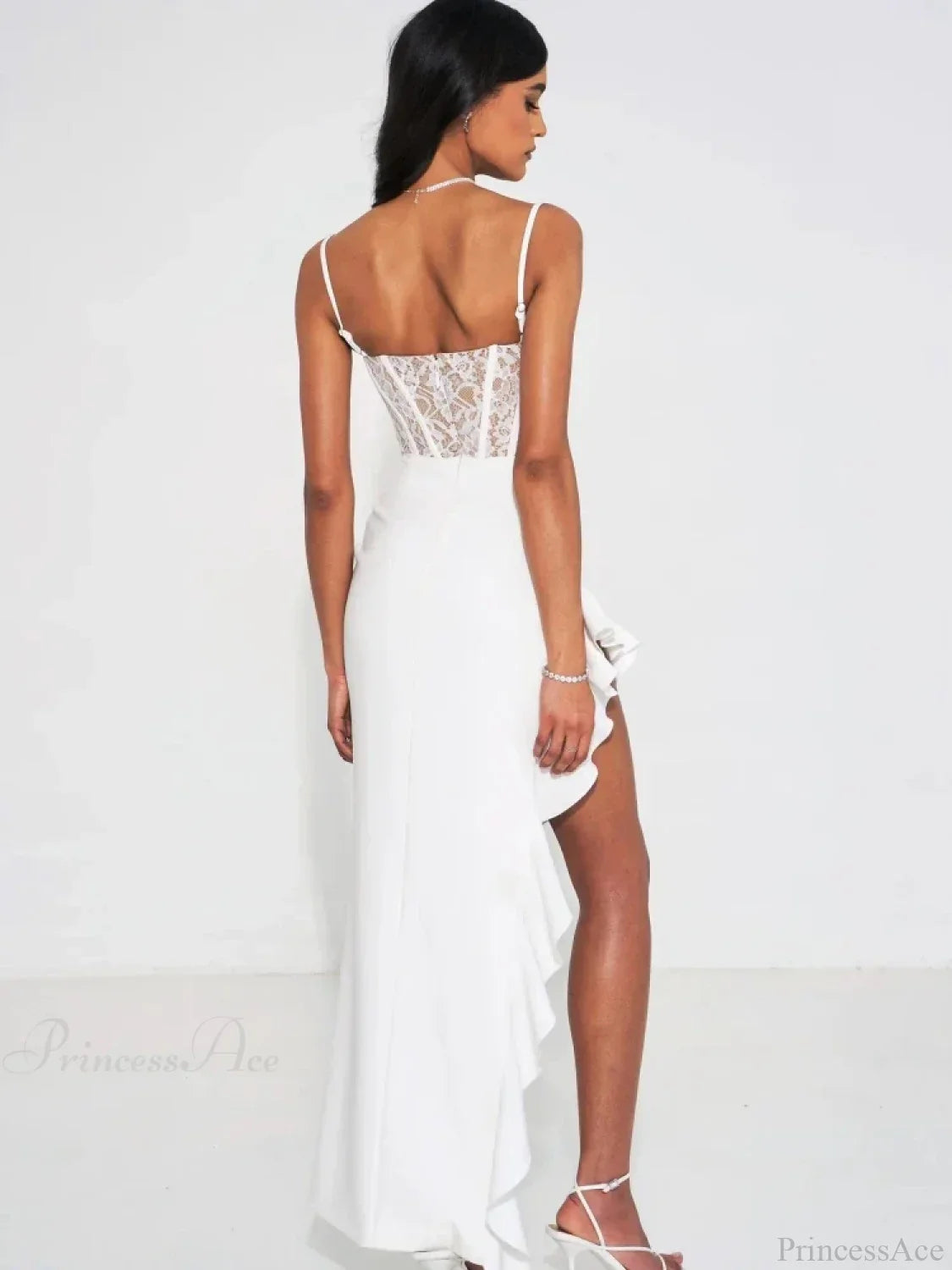 Sexy Spaghetti Strap Lace Patchwork Long Dress Sleeveless Ruffles Christmas Party Dress