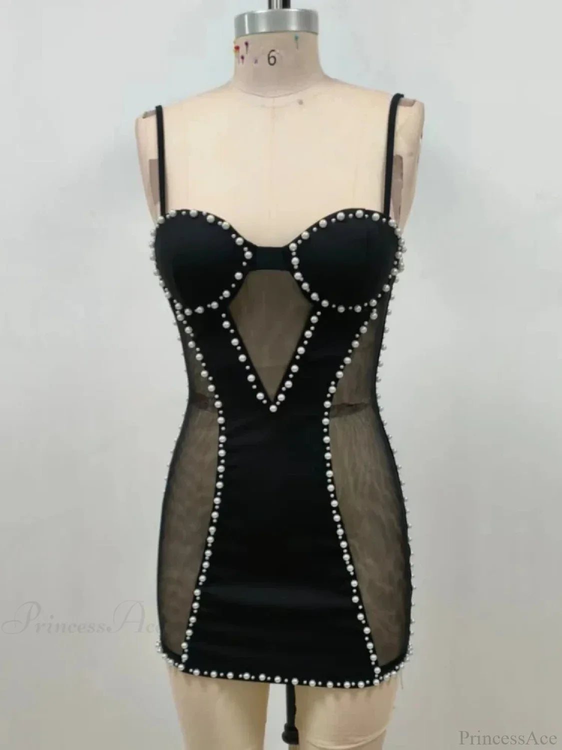 Sexy Spaghetti Strap Mesh Patchwork Pearl Mini Black Sleeveless Christmas Party Dress