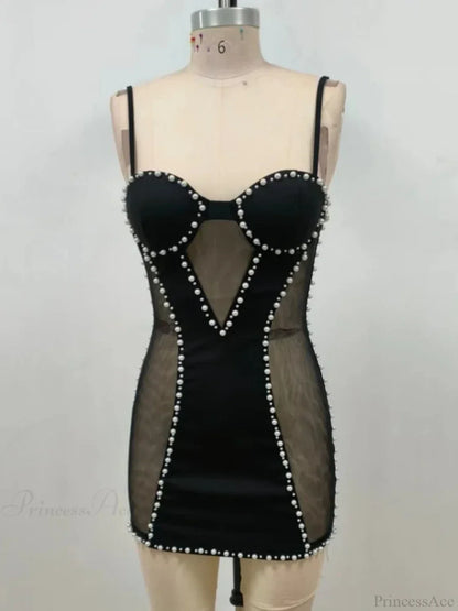 Sexy Spaghetti Strap Mesh Patchwork Pearl Mini Black Sleeveless Christmas Party Dress