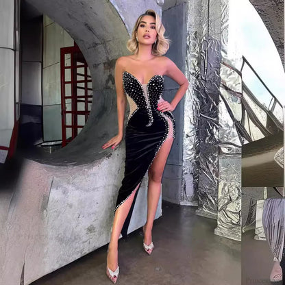 Sexy Strapless Beaded Bodycon Dress Party Prom Dress