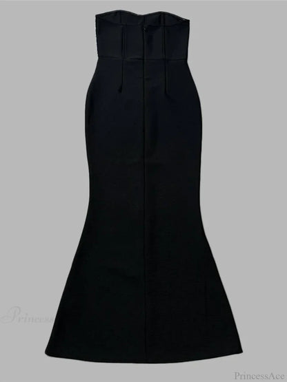 Sexy Strapless Diamonds Chain Bandage Long Black Sleeveless Backless Crystal Christmas Party Dress