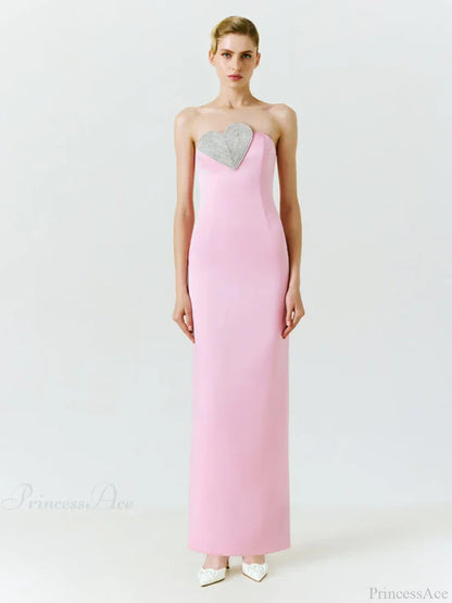 Sexy Strapless Heart Crystal Design Long Pink Sleeveless Diamonds Elegant Christmas Party Dress