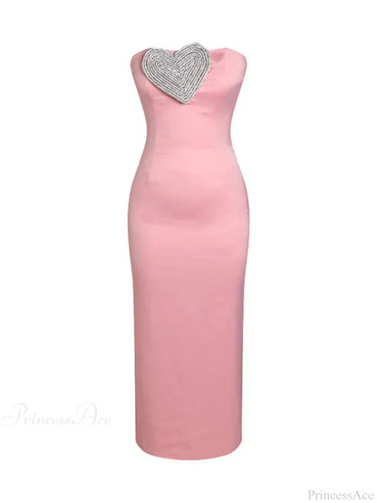 Sexy Strapless Heart Crystal Design Long Pink Sleeveless Diamonds Elegant Christmas Party Dress