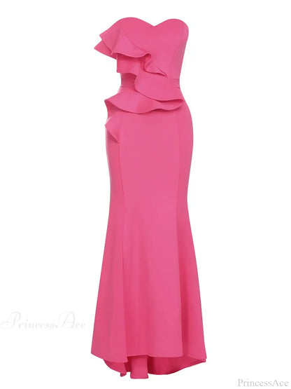 Sexy Strapless Ruffle Edge Design Rose Red Sleeveless Backless Christmas Party Dress