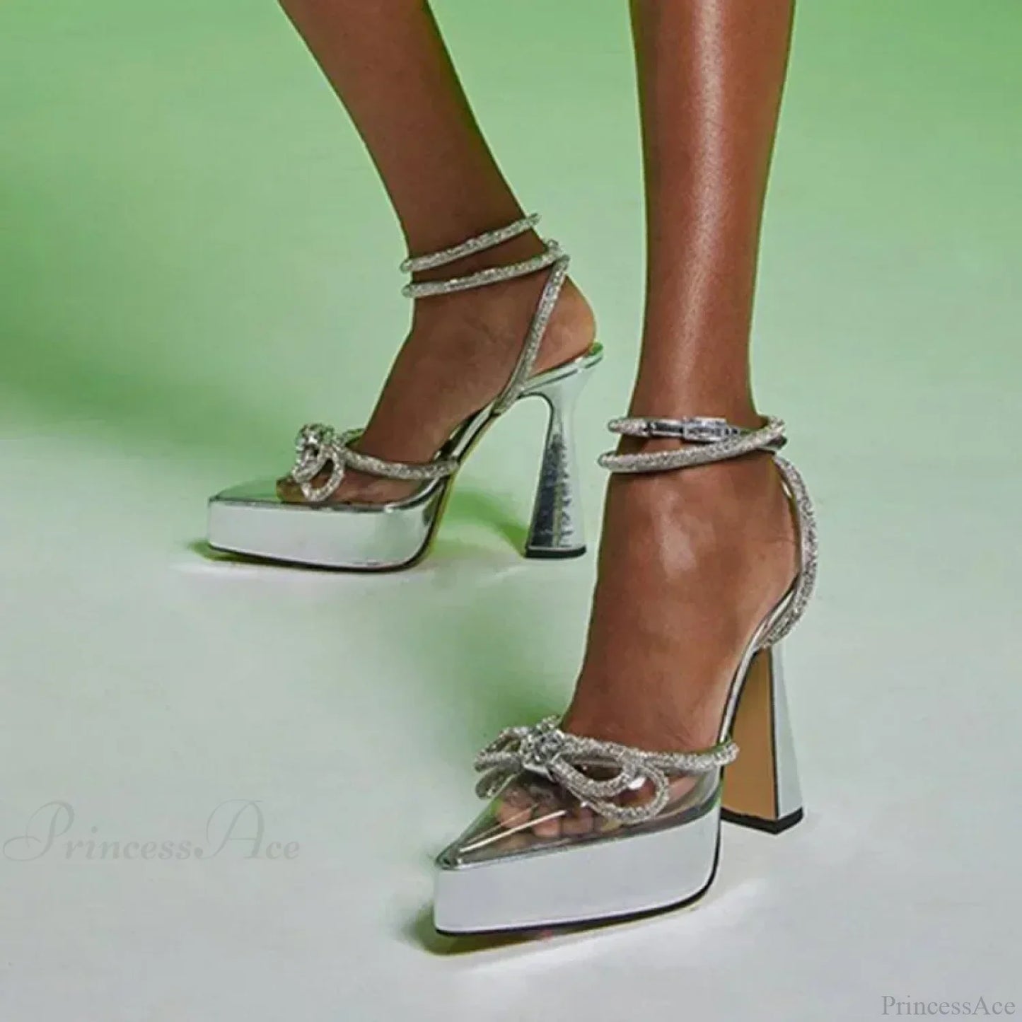 Sexy Transparent Pvc Crystal Pointed Butterfly Knot Chunky High Heel Party Wedding High Heel
