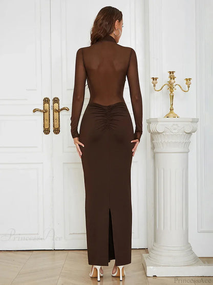 Sexy Turtleneck Mesh Patchwork Folds Brown Long Sleeve Draped Christmas Party Dress