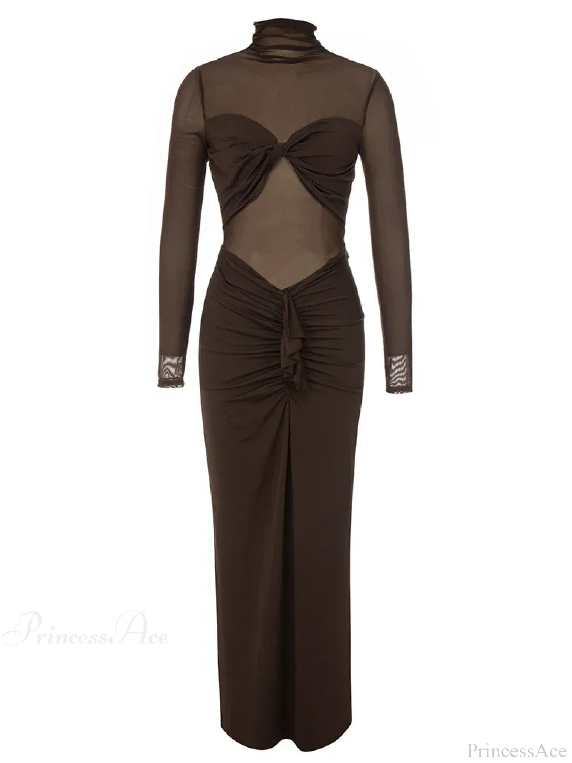 Sexy Turtleneck Mesh Patchwork Folds Brown Long Sleeve Draped Christmas Party Dress