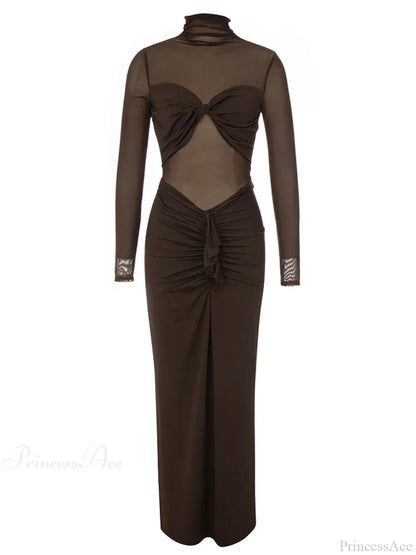 Sexy Turtleneck Mesh Patchwork Folds Brown Long Sleeve Draped Christmas Party Dress