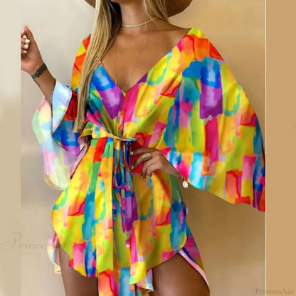 Sexy V-neck Bat Sleeve Bohemian Floral Beach Sundress