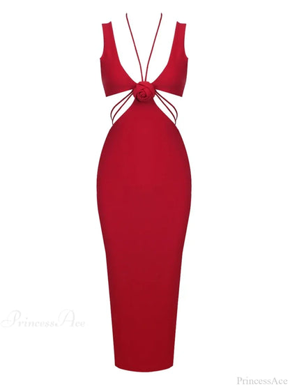 Sexy V Neck Flower Hollow Out Design Midi Dress Halter Christmas Party Dress