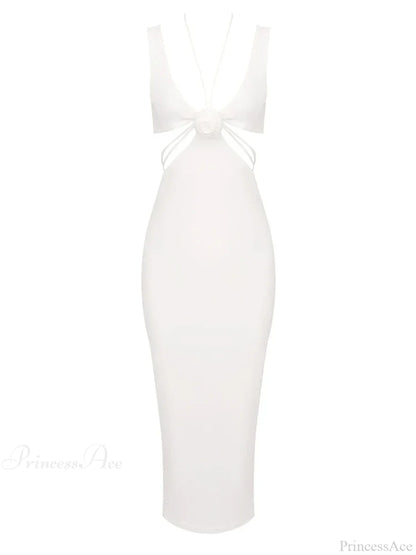 Sexy V Neck Flower Hollow Out Design Midi Dress Halter Christmas Party Dress