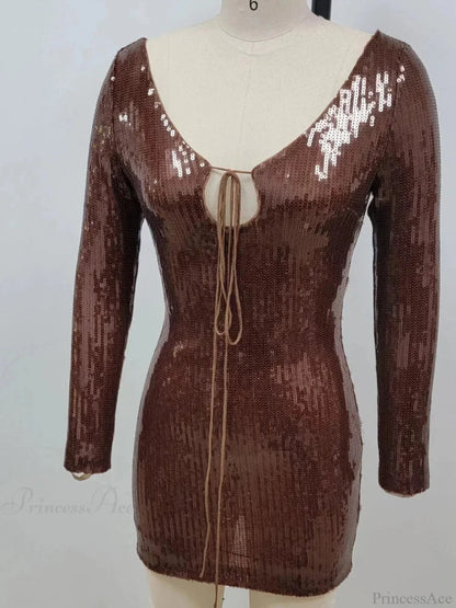 Sexy V Neck Long Sleeves Backless Sequin Mini Dress Women Christmas Party Dress