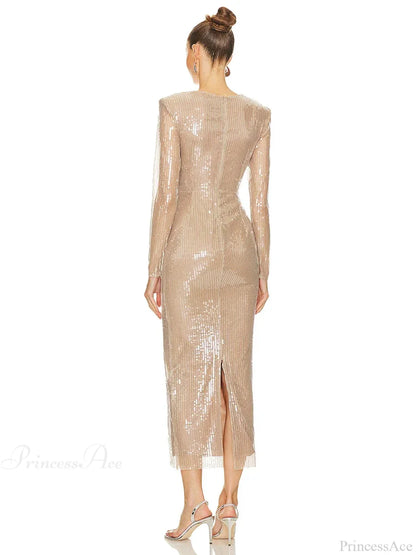 Sexy V Neck Sequins Cutout 3D Flower Dress Long Sleeves Christmas Party Dress