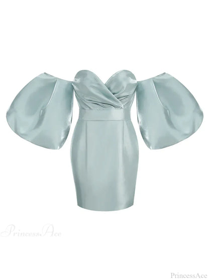 Sexy V-neck Strapless Puff Sleeve Satin Midi Off Shoulder Christmas Party Dress