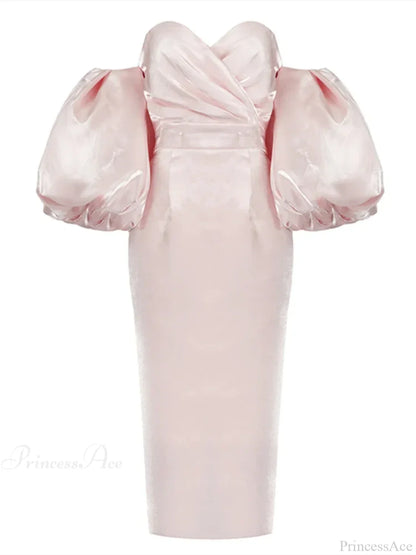 Sexy V-neck Strapless Puff Sleeve Satin Midi Off Shoulder Christmas Party Dress