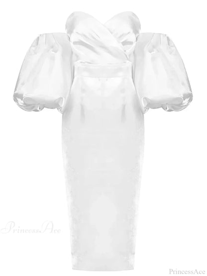 Sexy V-neck Strapless Puff Sleeve Satin Midi Off Shoulder Christmas Party Dress