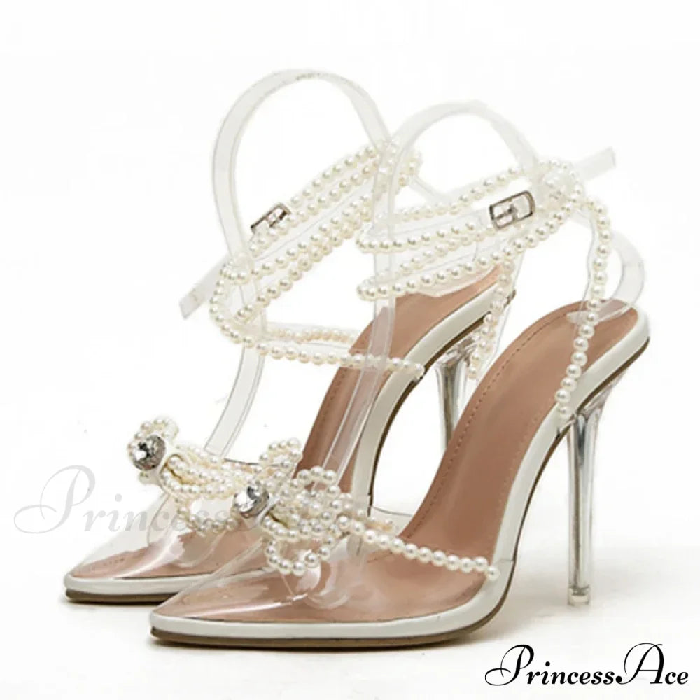 Sexy White String Bead Transparent High Heels Summer Fashion Butterfly-Knot Clear Sandals Pointed Toe Pumps