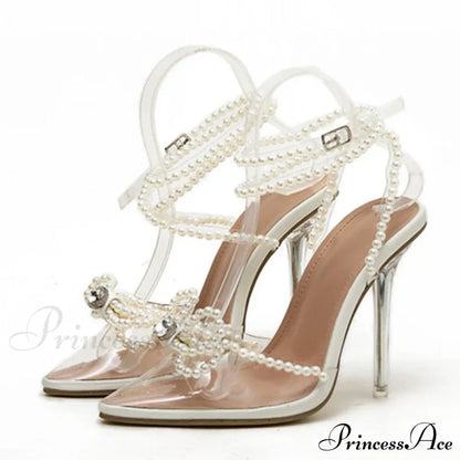 Sexy White String Bead Transparent High Heels Summer Fashion Butterfly-Knot Clear Sandals Pointed Toe Pumps