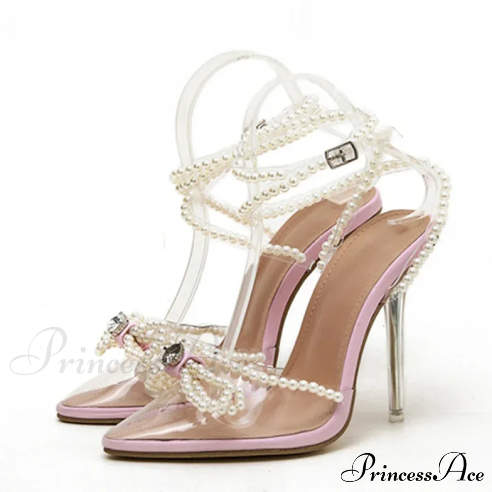 Sexy White String Bead Transparent High Heels Summer Fashion Butterfly-Knot Clear Sandals Pointed Toe Pumps