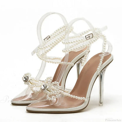 Sexy White String-Bead TransparentFashionable Butterfly-Knot Clear Pointed-Toe Summer Pumps High Heel