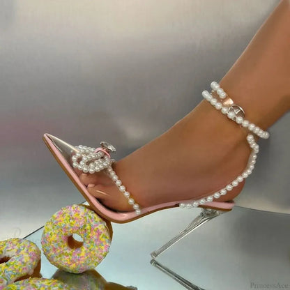 Sexy White String-Bead TransparentFashionable Butterfly-Knot Clear Pointed-Toe Summer Pumps High Heel