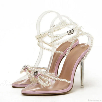 Sexy White String-Bead TransparentFashionable Butterfly-Knot Clear Pointed-Toe Summer Pumps High Heel